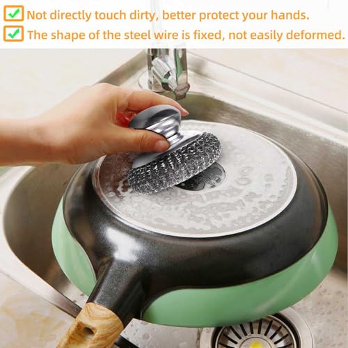 Image of 2 Pack Stainless Steel Wool Scrubber with Handle & 2 Pack Replacement Steel Scrubber Wool Pads for Cleaning Iron Pots Dishes Pans Metal Scrubbers for Kitchen Wash Sink Stoves Grills Pot Brush (Silver)
