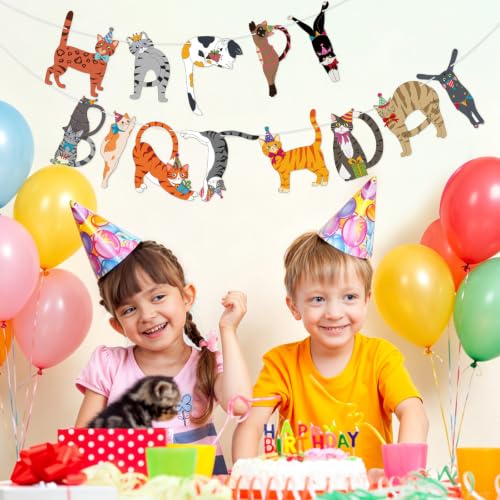 Image of Hooqict Happy Birthday Banner Cat Birthday Party Banner Decorations Garland Sign for Kids Adults Funny Cat Themed Birthday Party Decorations Supplies
