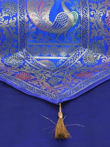Image of Banarasi Brocade Zari Silk Table Runner Dinning & Centre Table Runner 177 By 30 CM (Blue, Peacock)
