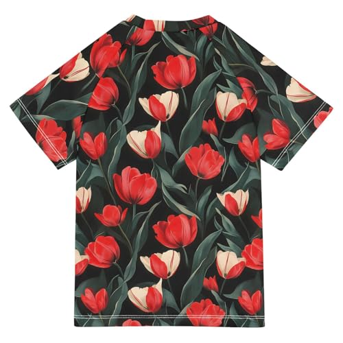 ALAZA Kids Rash Guard Girls Toddler Swim Shirts Short Sleeve Tulip Black Red UPF 50+ 3T2