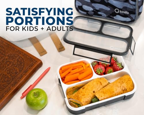 Image of kinsho Bento Box Lunch Boxes for Kids Adults, Meal and Snack Containers School Work Travel, 4 Divided Portion Control Compartments, Japanese Style, BPA Free, Utentils Included (Grey + Black, 2 Pack)