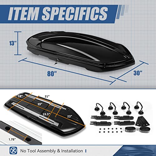 Image of Auto Dynasty Hard Shell Roof Top Mount Car Storage Travel Luggage Box Cargo Carrier with Security Keys, 80 (L) x 30 (W) x 13 (H) Inches, Capacity 110 Pounds, 15 Cubic Feet (Tool-Free Install), Glossy