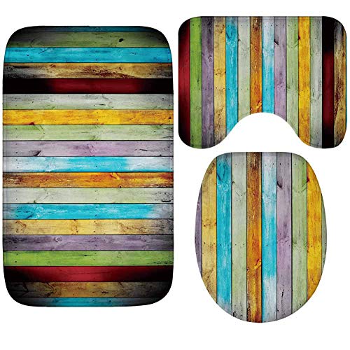 Badvorleger Set,Badematten Teppich-Set 3-Teilig Farbe Holzmaserung 3D-Druck Rutschfeste Badematten Weiche Mikrofaser…