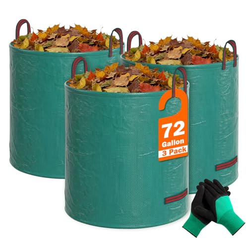 FEED GARDEN 72 Gallon Reusable Yard Waste Bags, 3 Pack Heavy Duty Lawn and Leaf Bags with 4 Reinforced Handles Stand Up for Leaves Grass Clippings Debris Includes Gardening Gloves