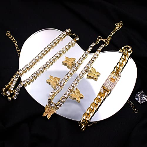 Yfstyle 4Pcs Cuban Link Ankle Bracelet Cuban Chain Anklet Butterfly Anklet Set Cuban Link Rhinestone Tennis Anklet Set For Women Summer Beach Adjustable Layered Rhinestone Anklets-Gold Cuban #TOP3