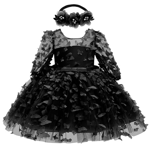 Klfflgid Baby Girl Black Bowknot Dress Toddler Infant Long Sleeve Butterfly Tutu Gown Flower Girl Wedding Formal Birthday Party Princess Pageant Dresses(3-6Months) #TOP5
