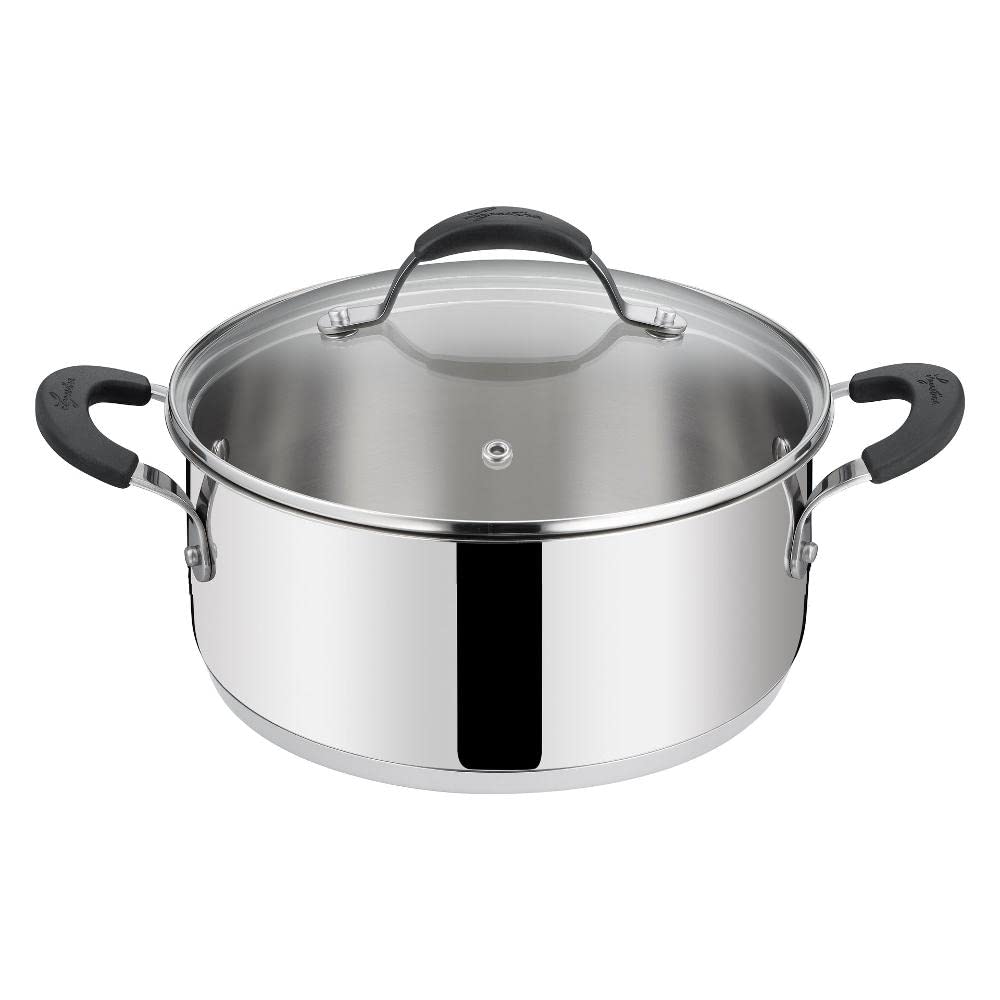 Lagostina Tempra Stainless Steel Casserole Dish with Lid, Diameter 26 cm, 18/10 Stainless Steel with Glass Lid, Lagotherm Base and Silicone Handles