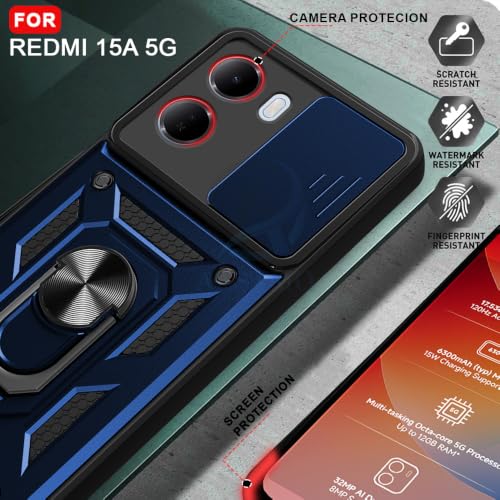 Image of AESTMO Tough Armor Redmi 15A 5G Bumper Back Case Cover | Ring Holder & Sliding Camera Shield Cover | 360 Degree Protection Back Case Cover for Redmi 15A 5G (Blue)