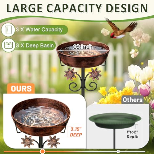 Image of 3 inch Deep Metal Bird Bath for Outside, Removable 12 inch Dia Vintage Bird Baths Bowl for Outdoors with Stable 5-Prong Stake, 37 inch H Freestanding Birdbath for Garden Patio Yard Lawn (Brush Bronze)