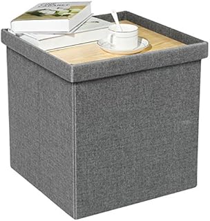 Bonlife Grey Ottoman with Storage,Coffee Table,Linen fabric Storage Box with Lid,Foldable Stool Seat for Bedroom,40x38x38cm
