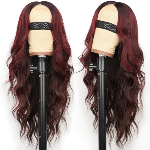 Image of AISI HAIR Wig for Women, Long Wavy Brown Mixed Red Lace Hairline Middle Part Synthetic Heat Resistant Wig for Daily Party-26 Inch