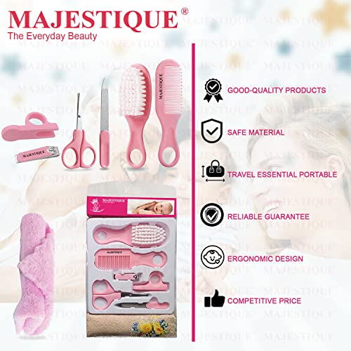 Image of Majestique Baby Grooming Set - Baby Hair Brush, Comb, Nail Clipper, Nail File and Soft Baby Towel, Baby Products for New Born Baby Gifts Toddlers Infant Girl Boys Keep Clean (7 in 1 Pink)