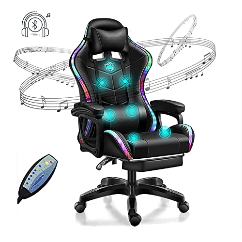 WLYMQFC Gaming Chair with LED Light Video Gaming Chair with Massage and Footrest, with Bluetooth Speakers Adjustable Armrest PU Leather PC Computer Desk Chair, Adjustment ​of Backrest,Black