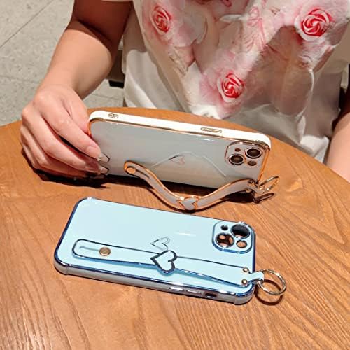 SUNACE For iPhone 13 - With Adjustable Wristband Kickstand Hand Straps Plating Love Heart Phone Case| Shockproof TPU Soft Case| For Girls and Ladies (Pink)