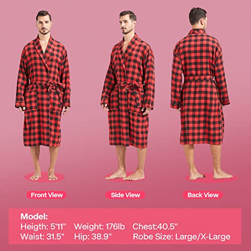 Image of FashGudim Mens Buffalo Plaid Cotton Robe Lightweight Bathrobe Shawl Collar Kimono Sleepwear Loungewear House Robes