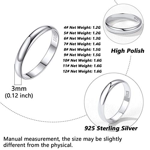 Image of Silvora 925 Sterling Silver Band Rings for Women Men, High Polish Plain Dome Tarnish Resistant Wedding Rings Size 4-12