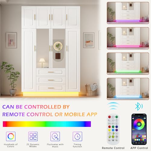 Hlivelood Large Armoire Wardrobe Closet Cabinet with Drawers and LED Lights, Multi-Tier Shelves, Hanging Rod, Large Capacity Storage 4 Door Wardrobe Armoire with Top Cabinet for Bedroom, White - Thumbnail 4