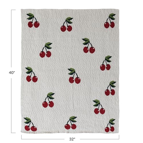 Image of Creative Co-Op Cotton Knit Baby Blanket with Cherry Print, Cream with Red and Green