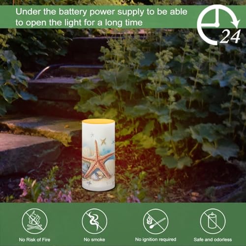 Image of LED Flameless Candles Battery Operated with Remote Timer Realistic Electric Candle Pillar Lights 12 Color Changing for Indoor Outdoor Coastal Home Decoration, Starfish Seashell Retro