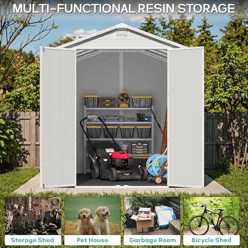 Image of Greesum 6x10FT Plastic Outdoor Storage Shed with Floor, Resin Storaged Sheds with Lockable Double Door, Windows & Vents, All-Weather Tool Sheds for Garden, Patio, Backyard, Light Gray