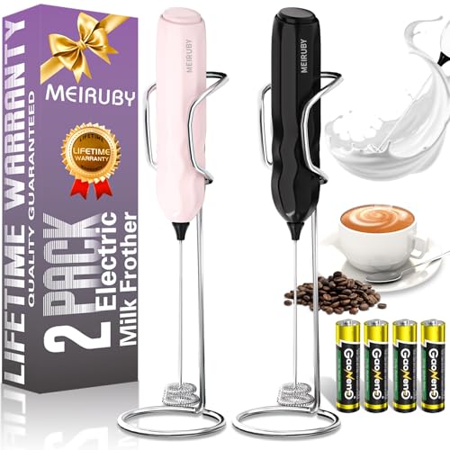 MEIRUBY 2-Pack Milk Frother Handheld with Stand, Valentines Day Gifts for Him and Her, Powerful Electric Coffee Frother, Coffee Lover Gift for Lattes, Cappuccino, Matcha & Hot Chocolate, Black/Pink