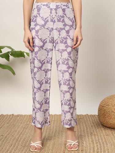 Image of FIORRA Women's Lavender Cotton Blend Printed Tunic with Pant Co-ords Set