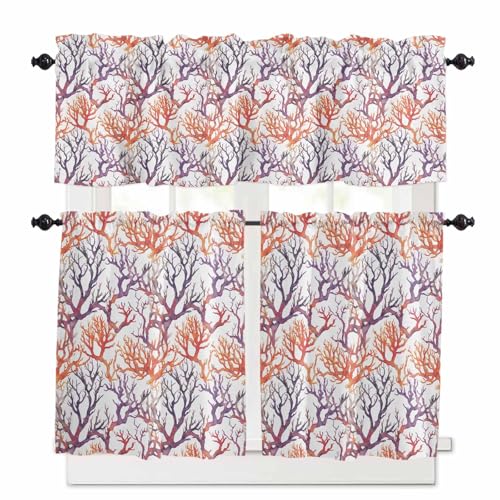 Coral Coastal Kitchen Curtains 24 Inch Length, 3 Piece Rod Pocket Small Half Tiers and Valance Set, Ocean Summer Beach Sea Small Large Window Treatment Decor for Bedroom/Bathroom Sink