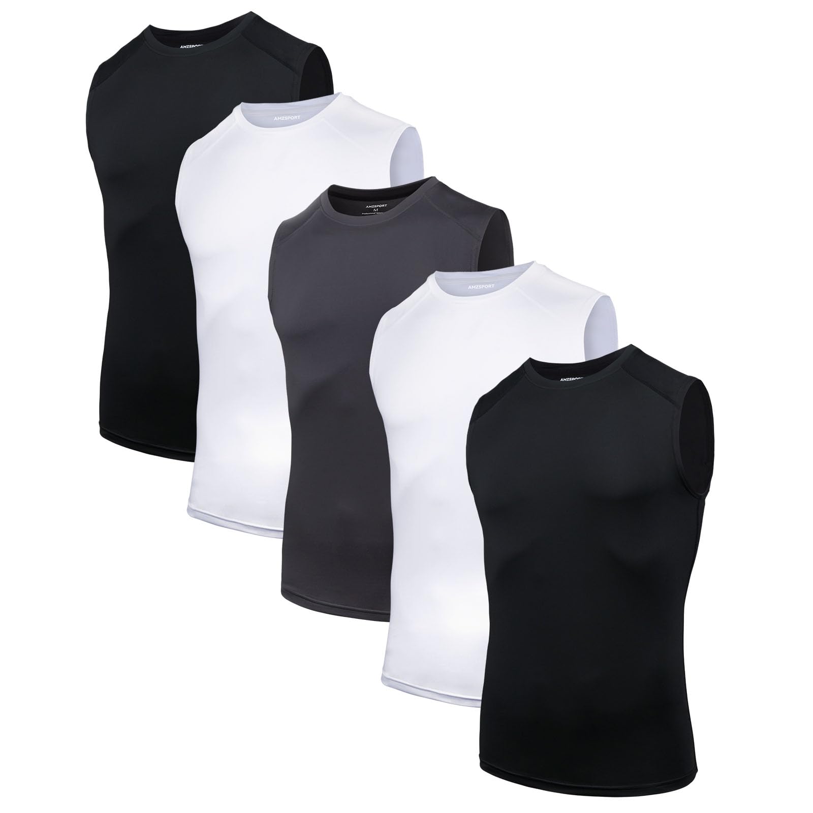 AMZSPORT 5er Pack Herren Tank Top Atmungsaktiv Kompressionsshirt Funktionsshirt Laufshirt Ärmelloses Unterhemd für Sport, Gym, Fitness und Running