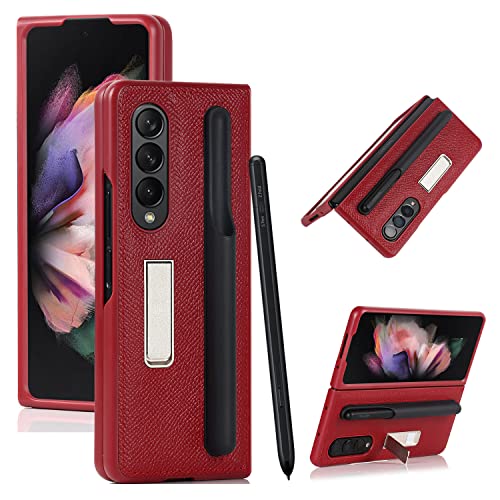 Cavor for Samsung Galaxy Z Fold 3 Case with Detachable S Pen Holder,Genuine Leather Case with Magnetic Kickstand Shockproof Flip Cover Case-Red