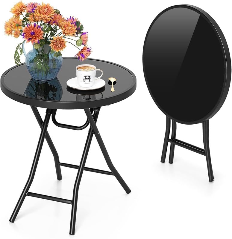 Divik Outdoor Dining Table Tempered Glass Top Coffee Table Multipurpose Folding Table in Circular Shape, Portable and Weatherproof Metal Legs | Table for Garden, Balcony Outdoor use (1Pcs)-image-14