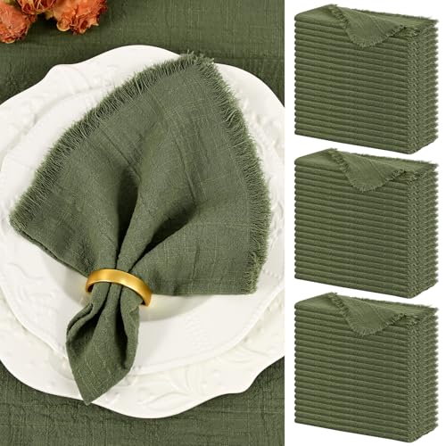 Showgeous 60 Pack Olive Green Cloth Napkins with Fringe 16x16 inch 100% Cotton Green Napkins Handmade Dinner Napkins Bulk Washable Soft Rustic Table Napkins for Wedding Parties Bridal Baby Shower