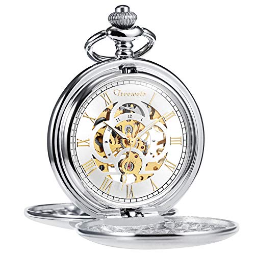 TREEWETO Men's Pocket Watch Retro Smooth Classic Mechanical Hand-Wind Silver Watches Steampunk Roman Numerals Fob Watch for Men Women with Chain Box