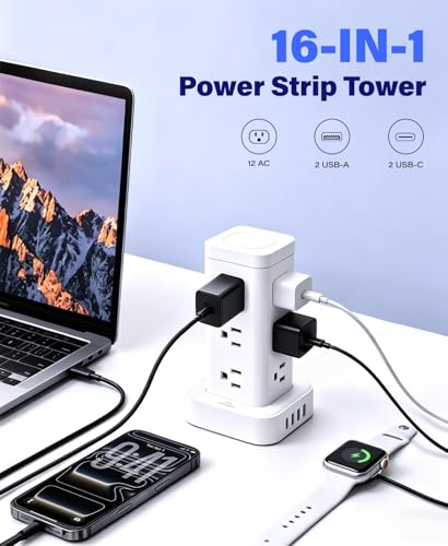 Tagzilo 16-in-1 Power Strip Tower with Surge Protector 1800J, 2USB-C & 2USB-A Ports with 12 AC Outlets, 10ft Extension Cord with Multiple outlets for Home Office Dorm Room, White — view 2