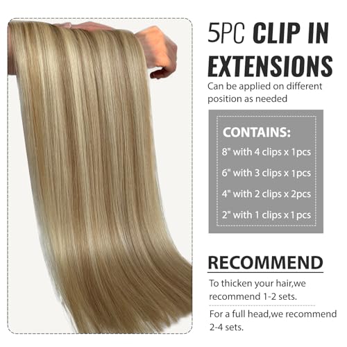 Image of Belaved Clip in Hair Extensions Real Human Hair Beige Blonde to Bleach Blonde 14inch Clip ins 70g 5pcs Clip in Extensions Silky Straight Highlighted Balayage
