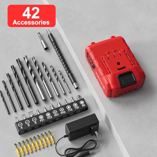 Cordless Drill Set, VIWKO 20V Power Drill with Power Pack 2.0Ah and Charger, 3/8-Inch Keyless Chuck Electricdrill, 25+1 Torque, 42pcs Drilldriver Bits/Screws for DIY Projects (Red)