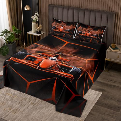 jejeloiu Race Car Bedspread King Size Boys Speed Sports Car Coverlet Set for Kids Girls Teens Orange Black Geometry Quilted Coverlet Breathable Extreme Sports Bedroom Decor