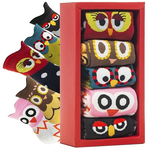 Unisex Family Owl Socks – 5 Pairs Cotton Crew Socks in Gift Box for Men, Women & Kids – Fun, Colorful Owl Design, Soft & Breathable, Comfortable for Everyday Wear – US Sizes 5-8