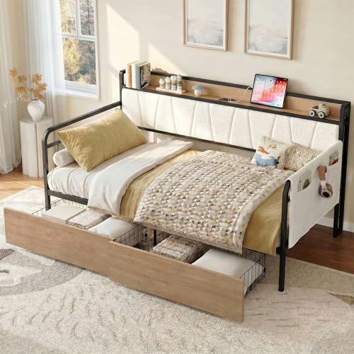 Image of LIKIMIO Daybed with Storage Drawers, Twin Day Bed Frame with Boucle Upholstered Headboard and Charging Station, Sofa Day Bed with Strong Supports for Living Room, Bedroom and Guest Room, Cream