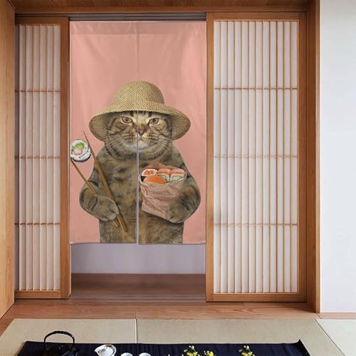 のれん 暖簾 ドアカーテン 目隠し 間仕切りかわいい 面白い 猫 ネコ 寿司 北欧 遮光 冷気遮断 断熱 階段 部屋 キッチン 温泉 飲食店 タペストリー 86cmx143cm