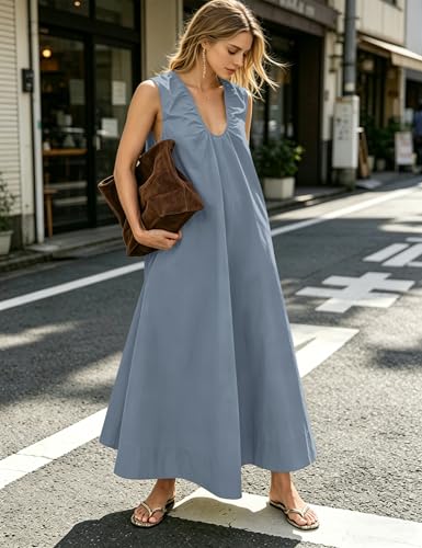 Image of Women Flowy Maxi Dress Ruched Sleeveless Long Dress Vacation Fashion Summer Casual Loose Fit Sundress with Pockets