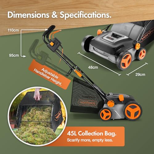 VonHaus Lawn Scarifier/Aerator/Rake Electric 1600W – for Dethatching/Raking Grass of Thatch, Moss, Dead Leaves and Aerates Soil – 45L Collection Box, 10m Cable, 6 Cutting Heights, 37cm Working Width 9 VonHaus Lawn Scarifier/Aerator/Rake Electric 1600W – for Dethatching/Raking Grass of Thatch, Moss, Dead Leaves and Aerates Soil – 45L Collection Box, 10m Cable, 6 Cutting Heights, 37cm Working Width - Image 9