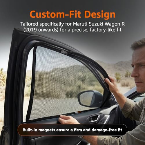 Image of Amazon Basics Side Window Sun Shade for Maruti Suzuki Wagon R (2019 Onwards) - Front Half Cut + Rear Zipper | Custom-Fit Magnetic Car Curtains | Black | Pack of 4 Pcs | Cotton Mesh