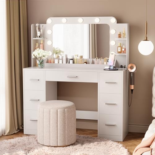 Image of Furmax Vanity Desk with Hollywood Style Mirror with LED Lights, Makeup Table Vanity with 2 AC Outlets and1 USB&1 Type-C Port, Adjustable Lighting, Modern Ample Storage Drawers Dressing Table (White)