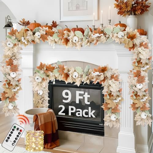 Neutral Fall Garland for Mantle Fireplace - 2 Pack Toatal 18Ft Outdoor...