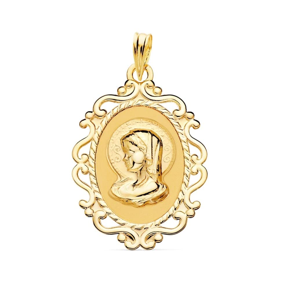 Virgen Niña medalla oro 18k Primera Comunión colgante 31mm. fondo liso borde detalles - Personalizable - GRABACIÓN INCLUIDA EN EL PRECIO