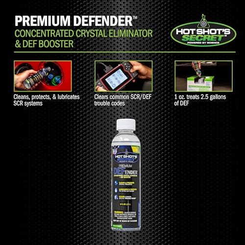 Image of Hot Shot's Secret Premium Defender DEF Booster Additive 8 oz - Treats 20 Gallons - Diesel DEF Treatment for Diesel Exhaust Fluid, Cleans and Prevents Crystal Build-Up | Treats 20 gallons. Helps prevent DEF crystal buildup and keeps DEF systems clean