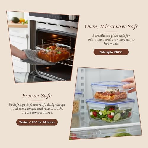 Image of Amazon Brand - Solimo Square Glass Food Storage Container, 360 ml & 900 ml - Set of 2, Airtight, Microwave & Freezer Safe, Transparent