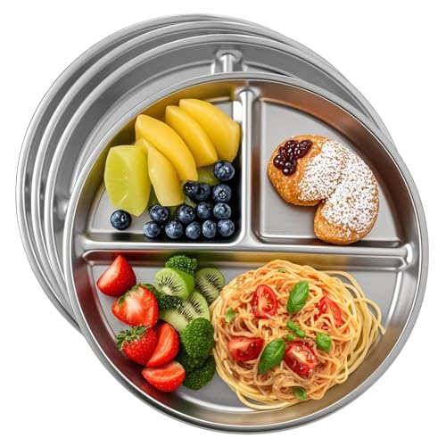 4pcs 304 Stainless Steel Kids Plates，9'Non-Toxic Circular Portion Control Plate，Suitable For Children To Use,Portion Plates For Weight Loss Adults，Reusable, Non-Toxic, Anti Drop, And Dishwasher Safe