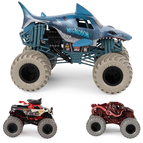 Image of Monster Jam, Into The Deep 3-Pack Die-Cast Monster Trucks, 1:24 Scale Megalodon, 1:64 Scale Pirate’s Curse & Octon8er, Kids Toys for Ages 4-6+