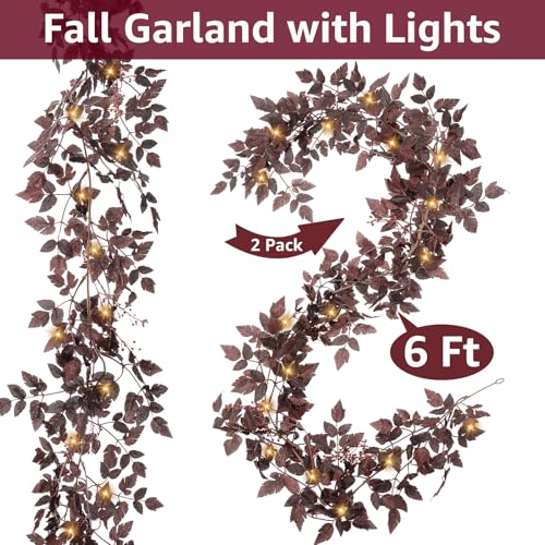 Image of Neutral Fall Garland for Mantle Fireplace - 2 Pack 6Ft Plum Cimicifuga Seeded Leaf Garlands Purple Autumn Decor Table Decorations for Home Indoor Door Halloween Realistic Leaves Garlands Outdoor